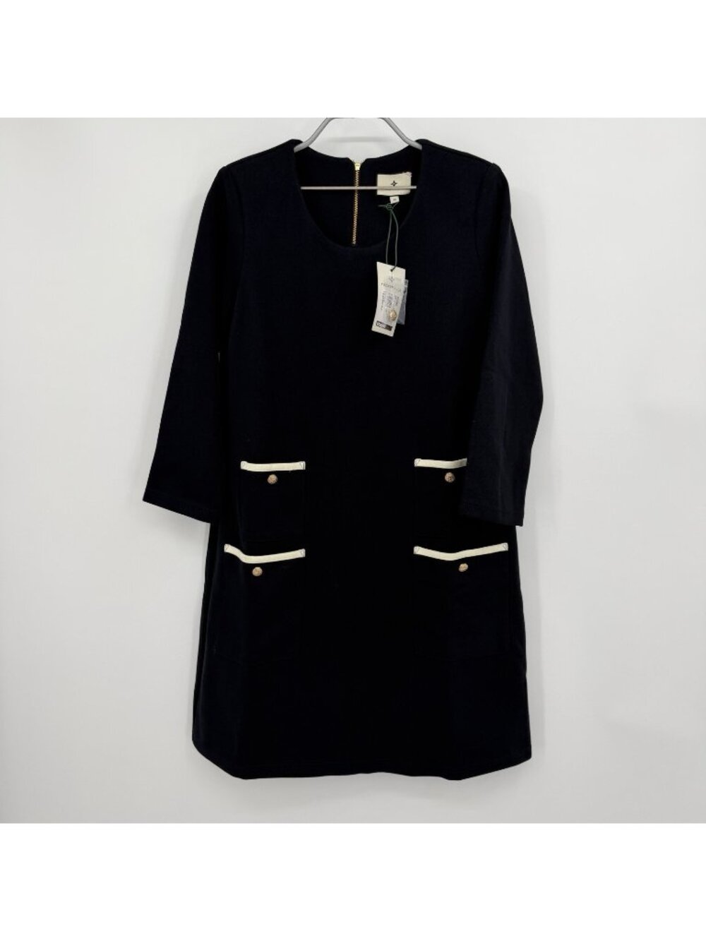Tuckernuck Women's Black Francoise Mod Mini Dress sz M Pockets 3/4 Sleeve Shift
